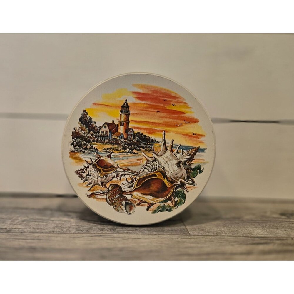 Vintage Pretzels tin Lighthouse Beach Sunset Sturgis Sea Shells Lake house